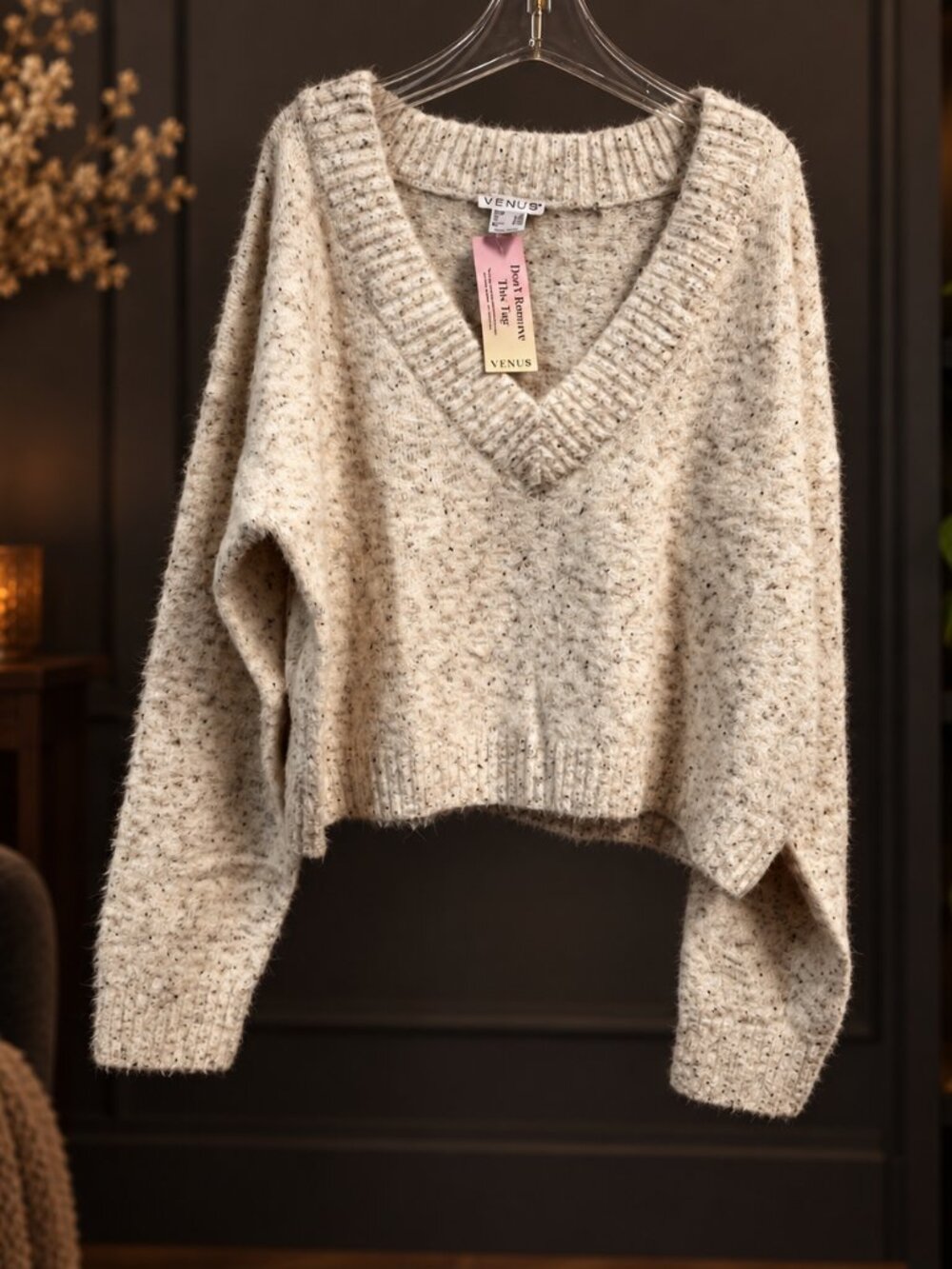 VENUS Women's V Neck Cropped Sweater M White Multi Fuzzy Soft Knit Pullover NWT